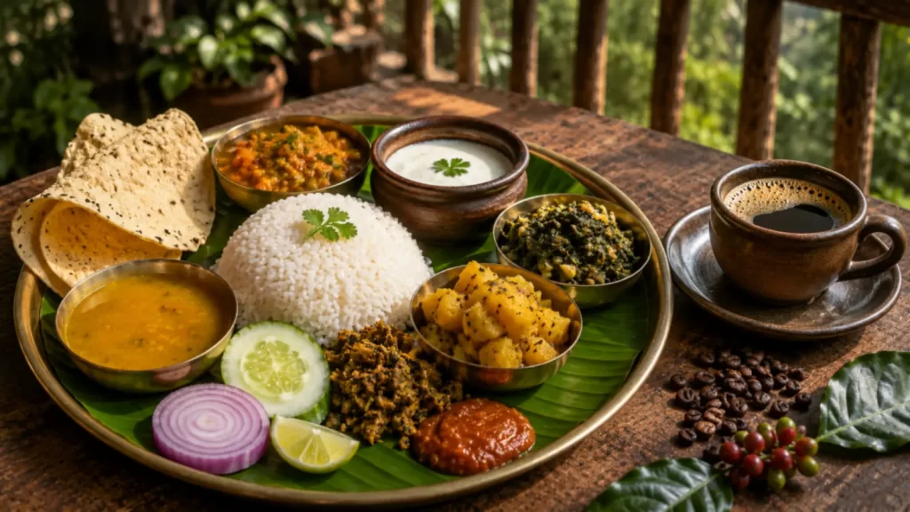 Traditional Odia meal served on a plate with local dishes and fresh coffee 