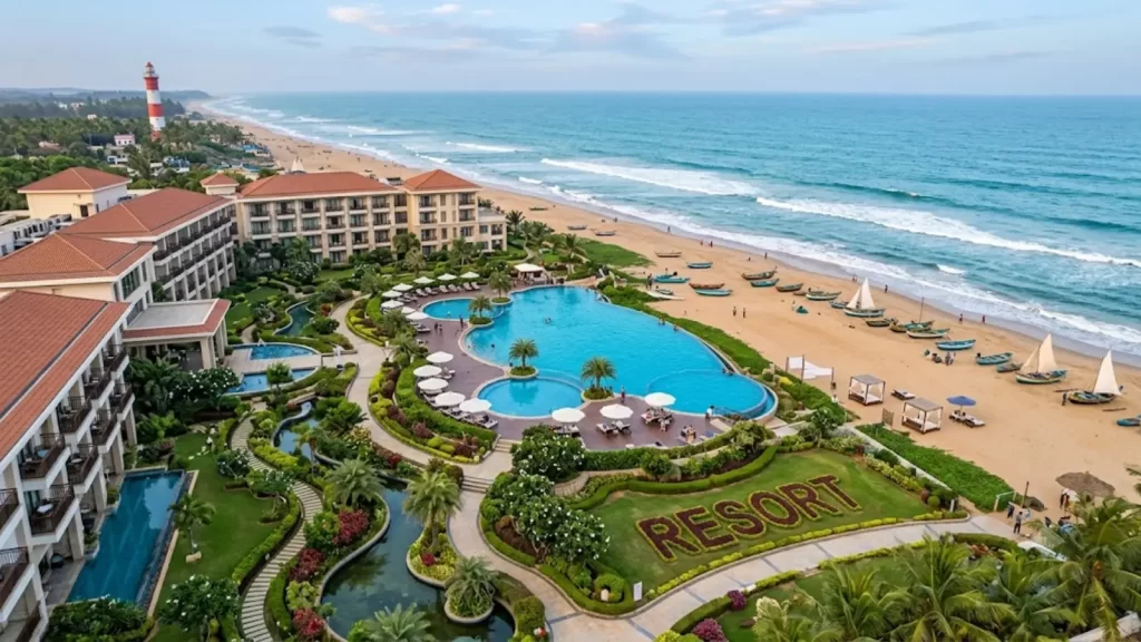 Luxury beachfront resort with sea-view rooms, swimming pool, and landscaped gardens.