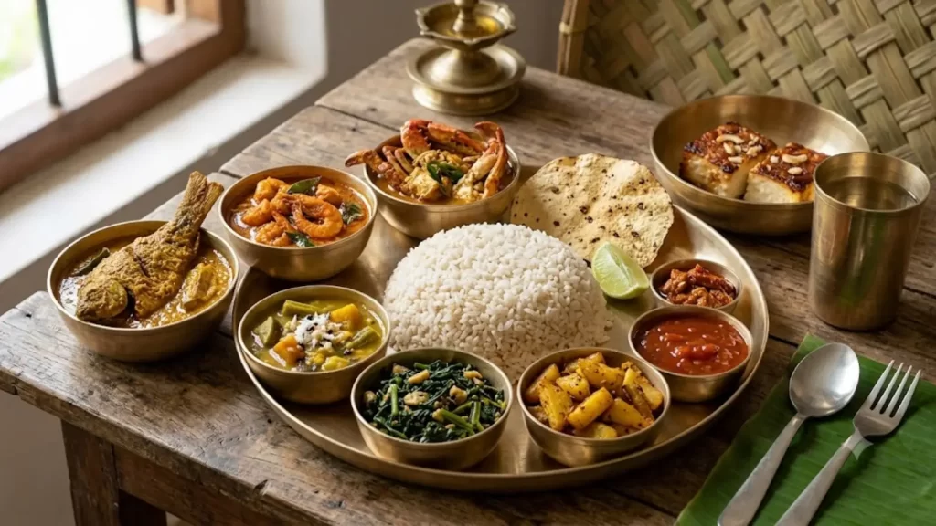 Traditional Odia seafood thali with fish curry, prawns, crab, rice, dal, vegetables, and sweets.