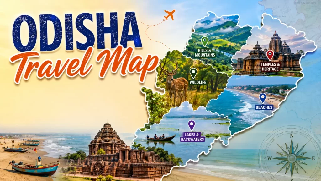 Odisha travel map showing beaches temples hills and wildlife