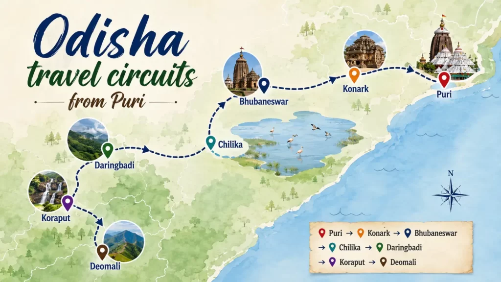 Odisha travel circuit map from Puri