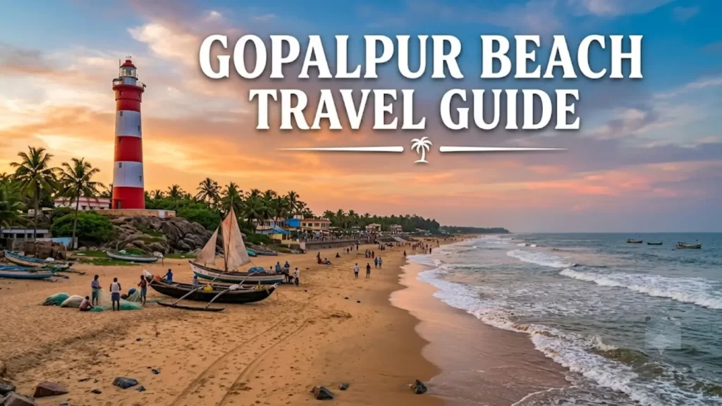 Gopalpur Beach Travel Guide showing sunrise, golden sand, fishing boats, and Bay of Bengal coastline in Odisha