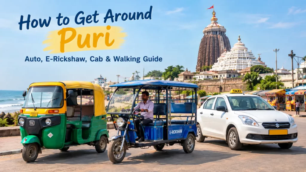 Local transport in Puri including auto-rickshaws, e-rickshaws and cabs, showing the different ways travellers can explore the city and nearby attractions.