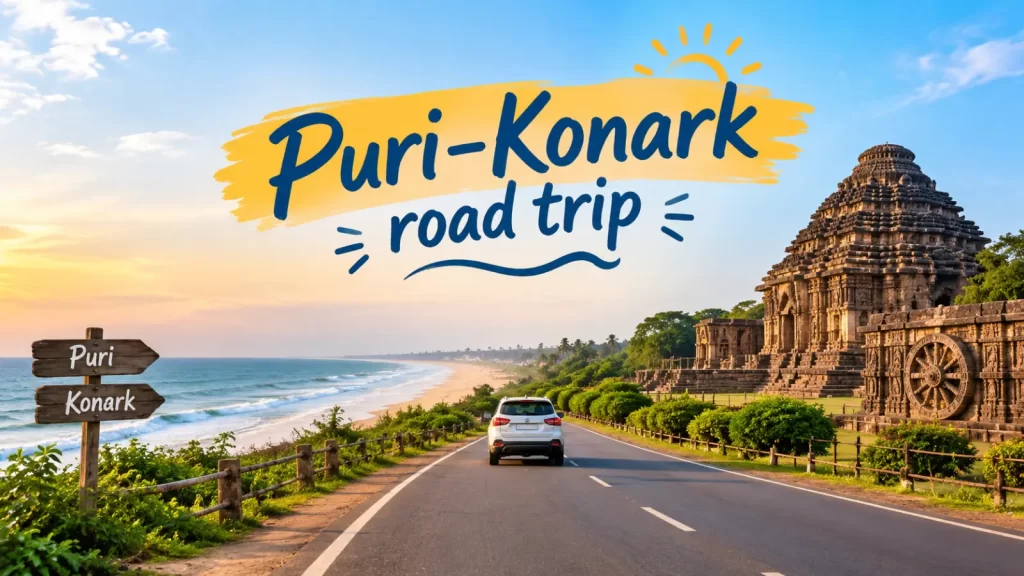 Puri–Konark road trip with a coastal road, beach, car, and Konark Sun Temple in Odisha.