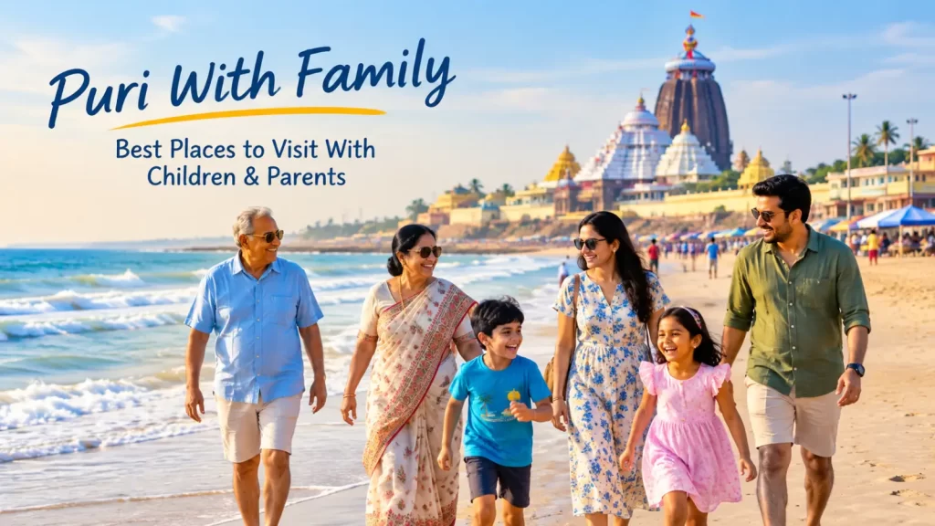 Family enjoying a walk on Puri Beach with the Jagannath Temple in the background.